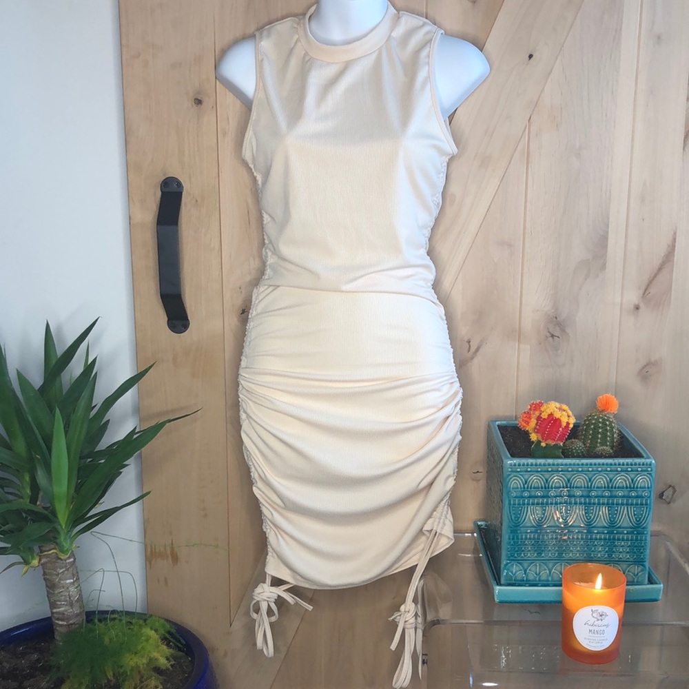 Ruched Beige Sleeveless BodyCon Dress